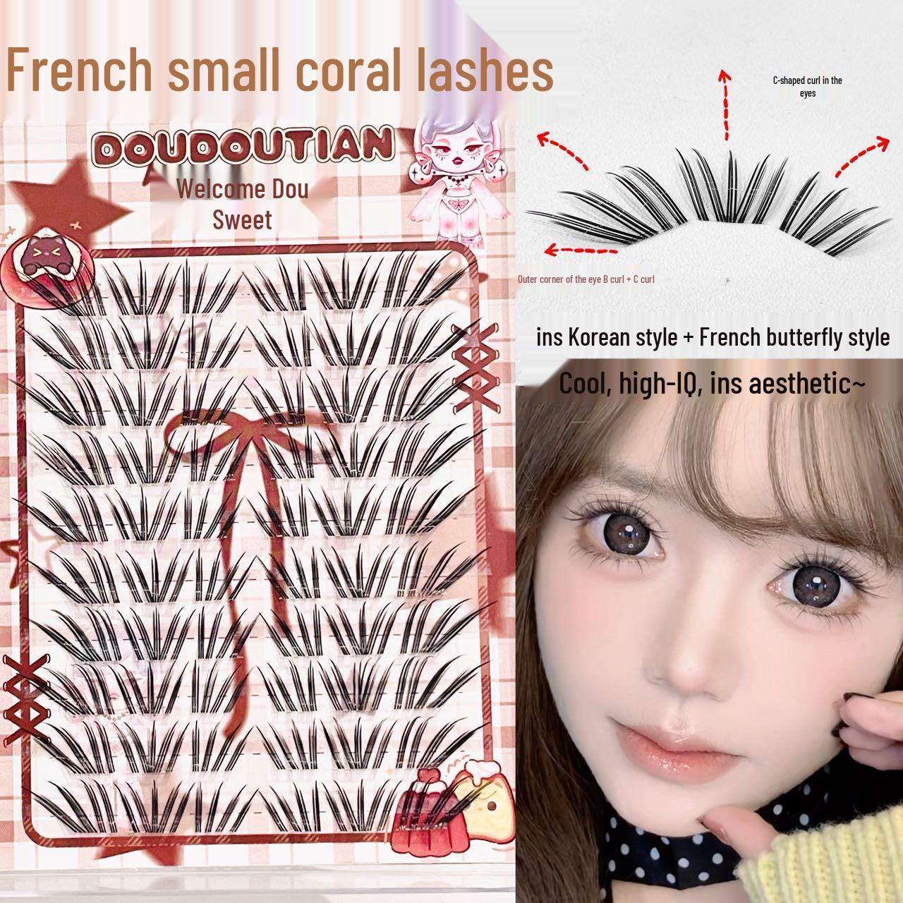Dou Dou Sweet French Small Coral False Eyelashes – Clear, Natural, Korean Style, Realistic Single Cluster for Light Makeup