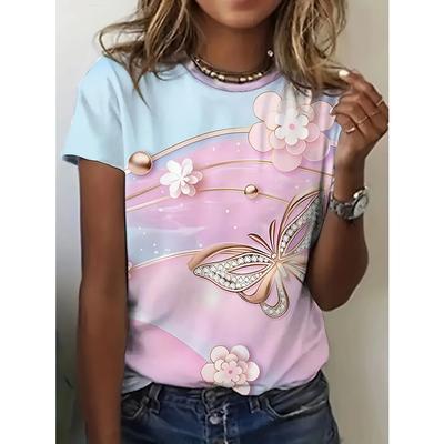 Women's Casual Round Neck Short Sleeve T-Shirt - Butterfly Floral Print Spring Summer Fall Essential T Shirts