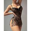 Europe beautiful woman lingerie leopard print lace skirt suspender sexy perspective mesh slit dress