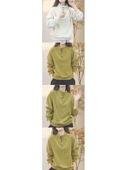 Double-Sided Fleece Autumn/Winter Warm Half-High Collar Sweatshirt: Casual, Versatile, Slimming, Loose, Plus-Size Solid Color Top.