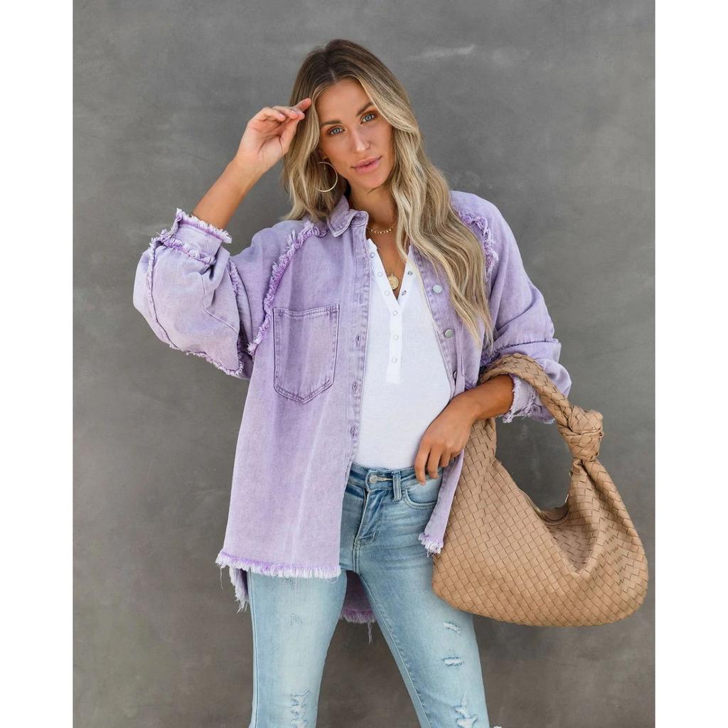 Long Sleeve Denim Jacket Women Washed Raw Edge Mid-Length Loose Jacket