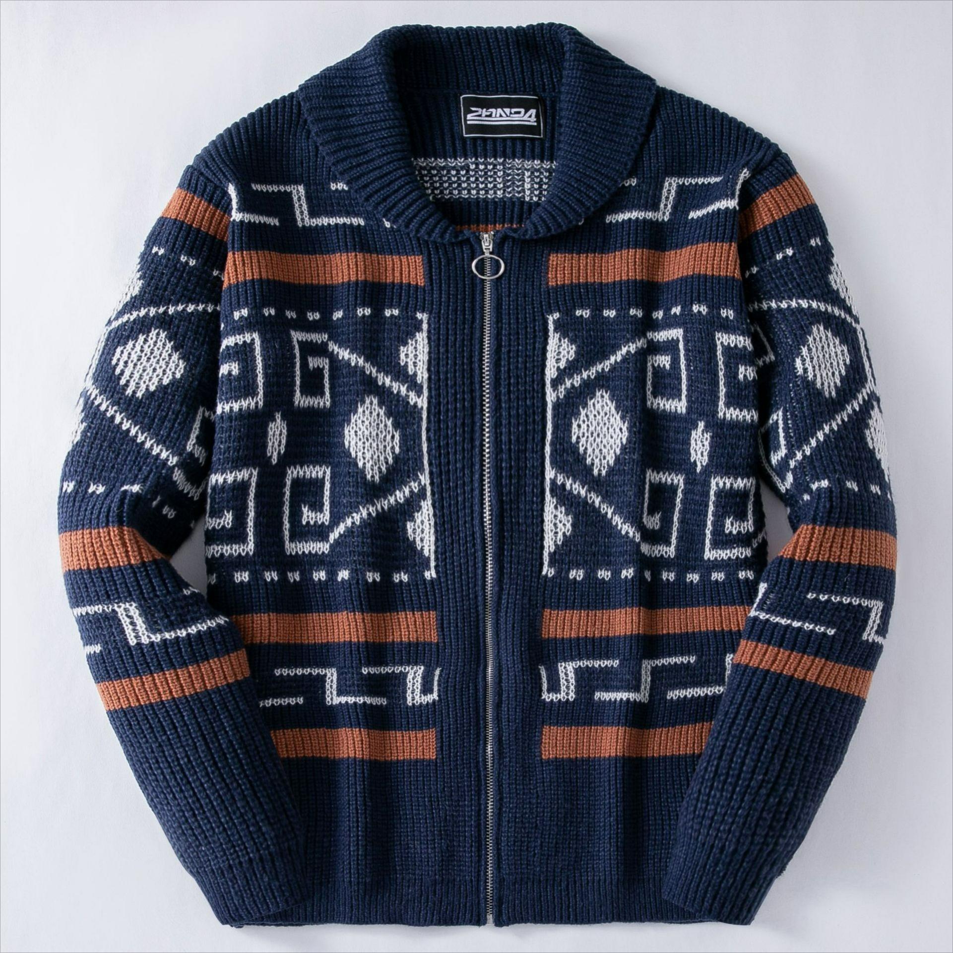 

Мужской кардиган на лацкане в стиле кэжуал, осенне-зимний, с длинными рукавами, облегающий, жаккардовой вязки S темно-синий