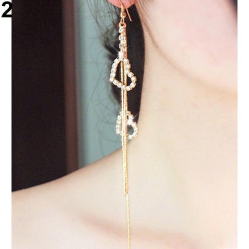 Lady Strass Double Love Herz Tropfen lange Quasten Kette baumeln lineare Ohrringe