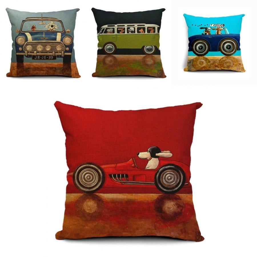 Classic Vintage Car Dog Print Pillow Case Featuring Premium Quality Cotton Linen Material