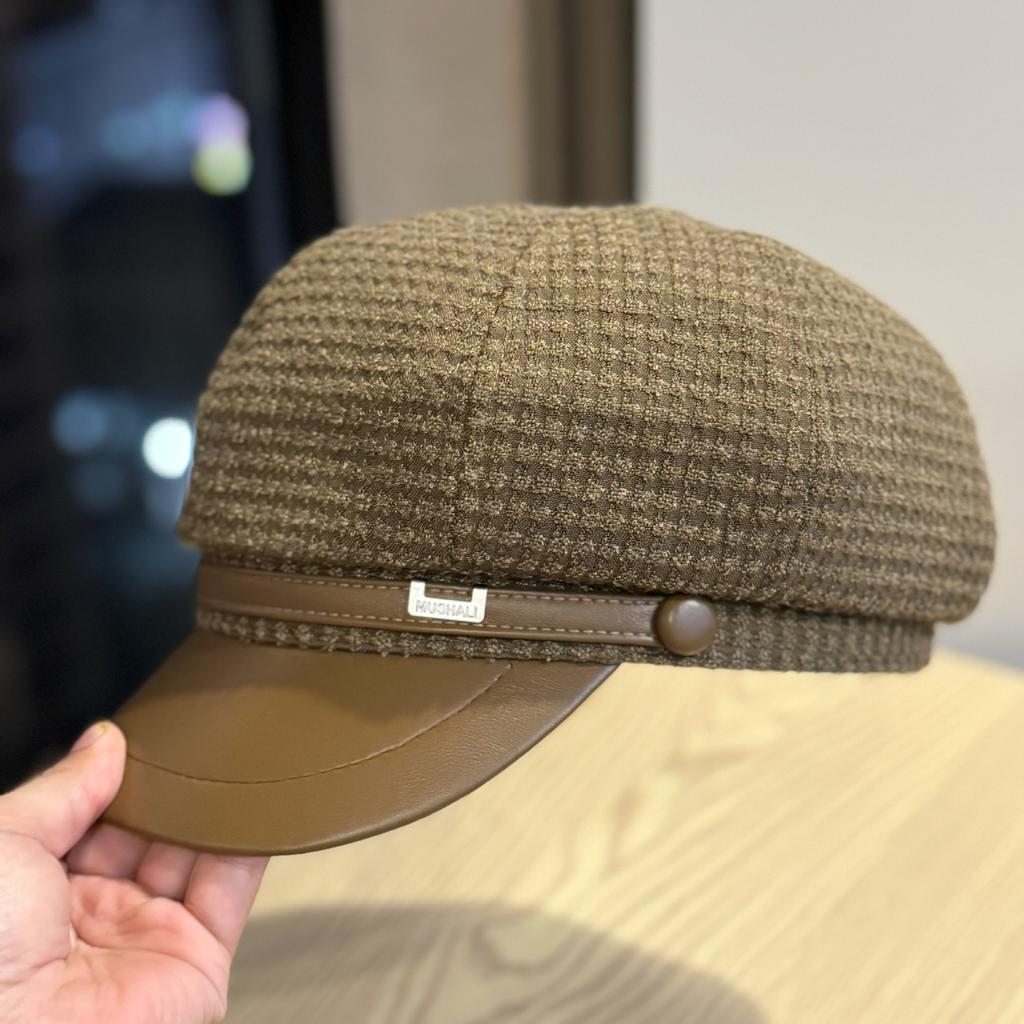 New Autumn and Winter Plaid Leather Octagonal Hat for Women Spring and Autumn Retro British Painter Hat Showing Face Small Duck Cap