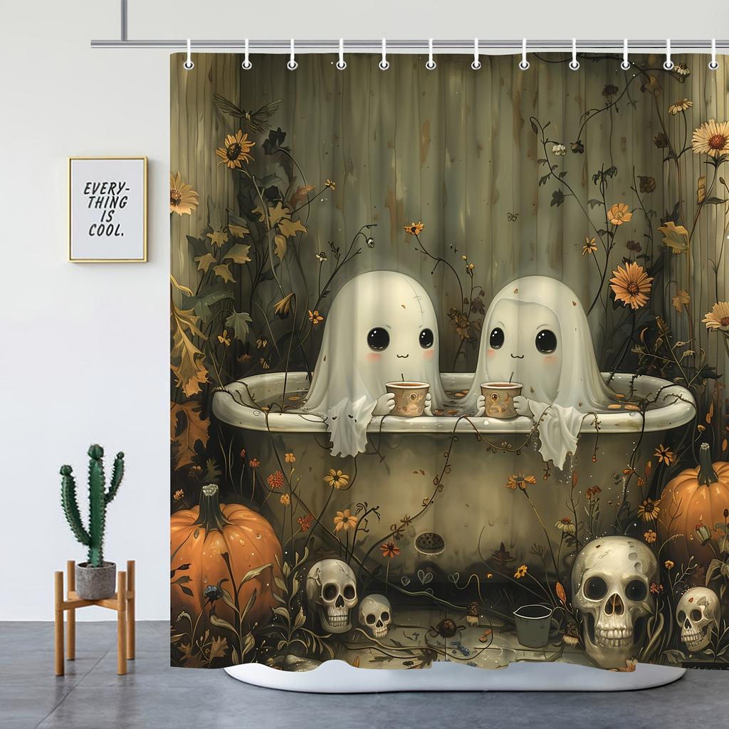 Halloween Shower Curtain Fun Ghost Floral Vines Skull Horror Theme Polyester Washable with Hooks Novelty Bath Decor