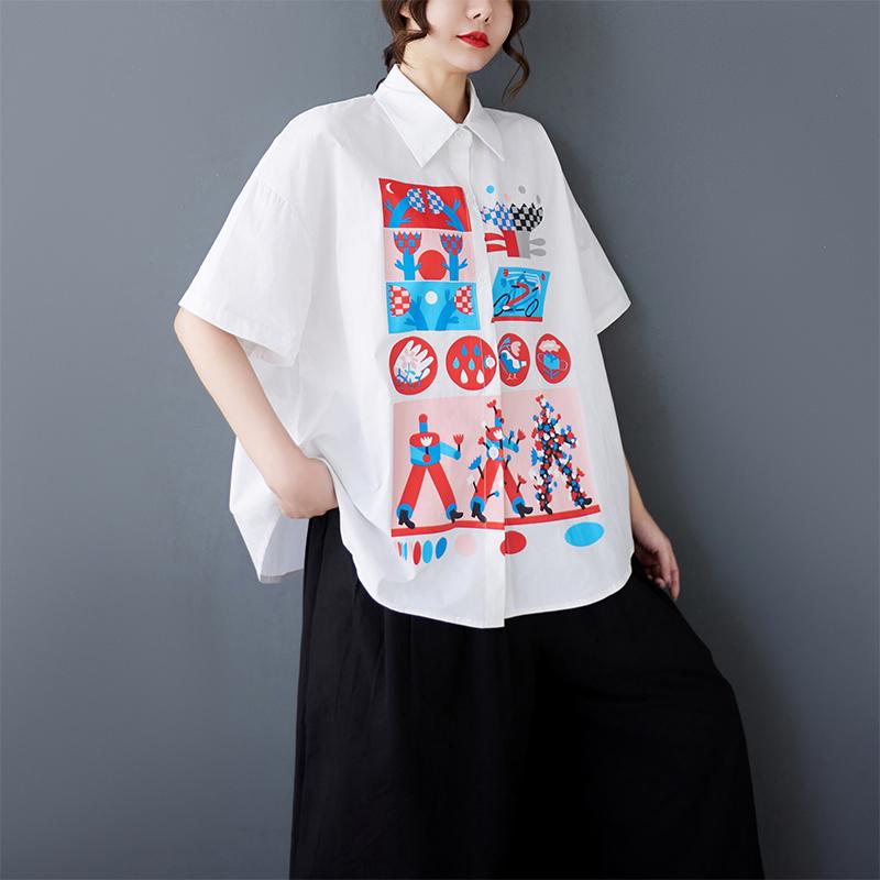 DIMANAF 2026 Dame Plus Size Ny Forår Sommer Bluse Print Kortærmet Afslappet Skjorte Løse Toppe Skjorter Bomuld
