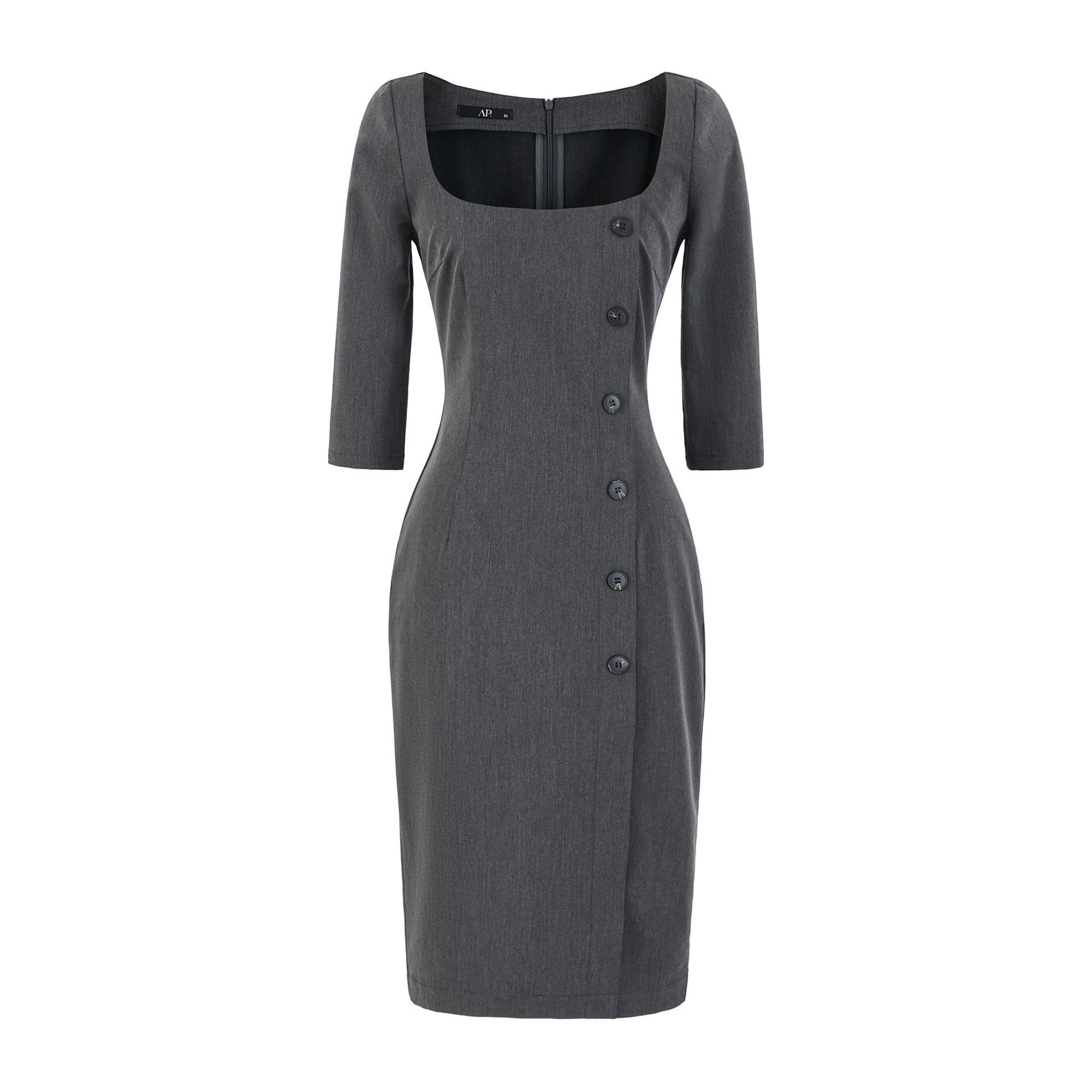 

Deep Gray Rachel Skirt: Sleek Single-breasted Dress for Women with Elegant Neckline and Black 3/4 Sleeves. M глубокий/серый