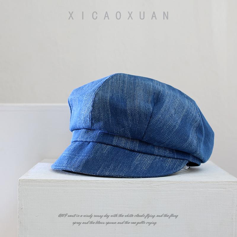 Retro Denim Octagonal Hat Women's Autumn Versatile Painter Hat Washed Beret Retro Casual Newsboy Hat Tide