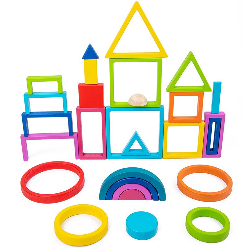 Children's Wooden Rainbow Stacking Blocks - Educational Geometric Tower Toy