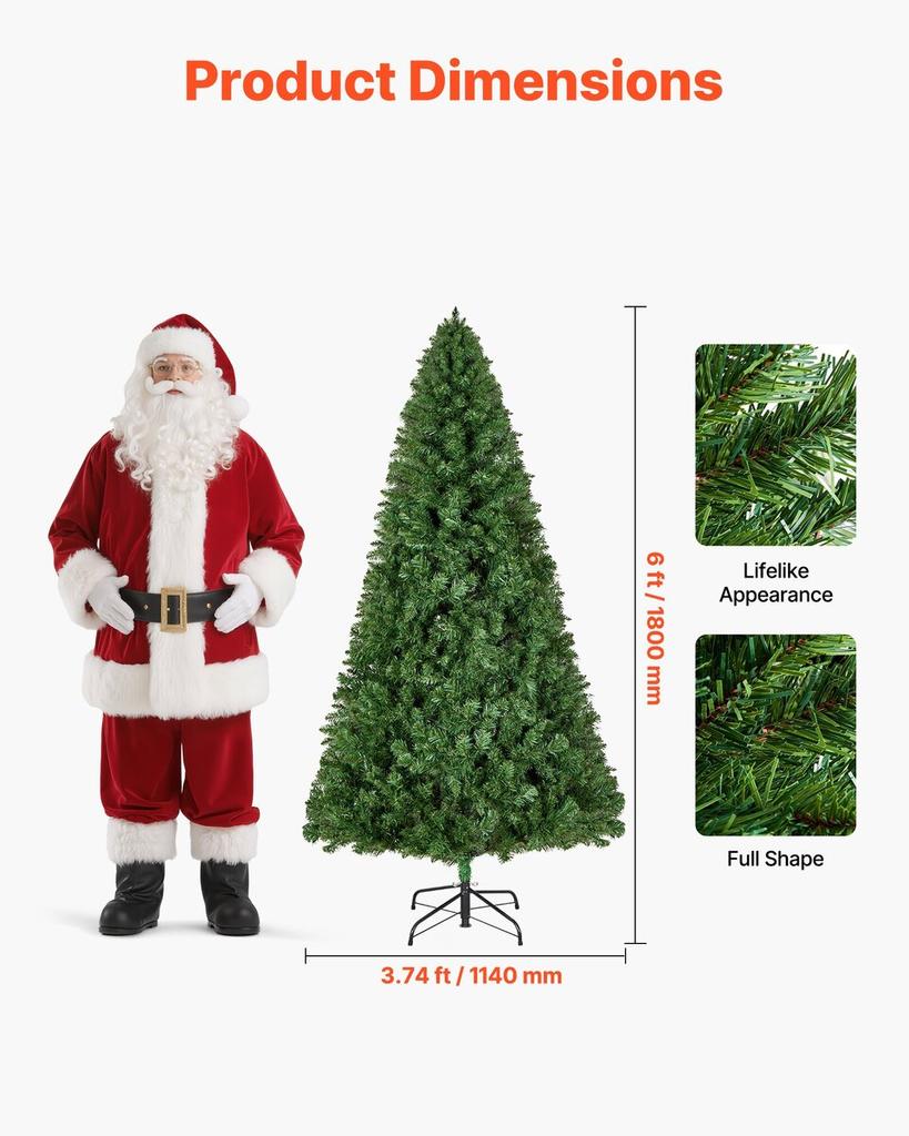 Christmas Tree, 1.8m Artificial Xmas Tree, Full Holiday Decor Trees with 1250 Branch Tips & Sturdy Metal Base for Home Party Office Decoration