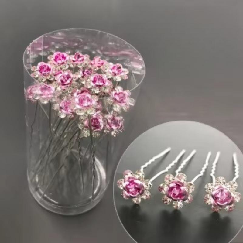 20Pcs/set Women U-shaped Hair Fork Pin Crystal  Rose Flower Hair Clips Rhinestone Hair Stick Wedding Bridal Jewelry Headwear Gift