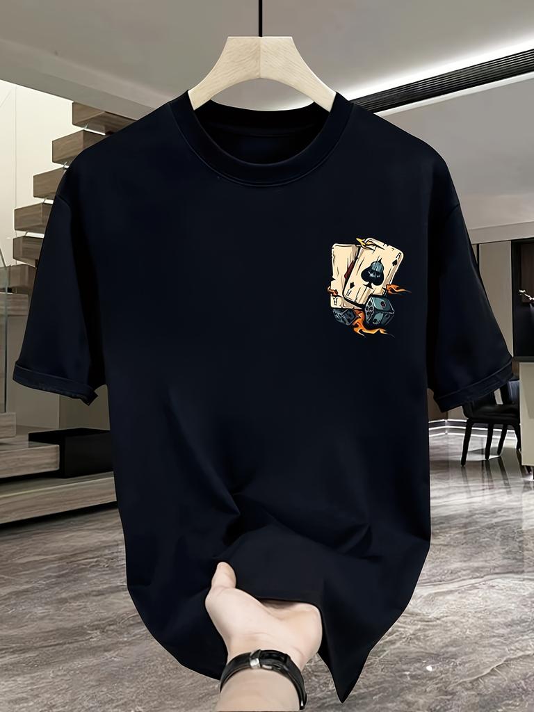 Męska letnia modna casualowa luźna kreatywna koszulka sportowa z okrągłym dekoltem i krótkim rękawem ze 100% czystej bawełny z nadrukiem pokera i kości