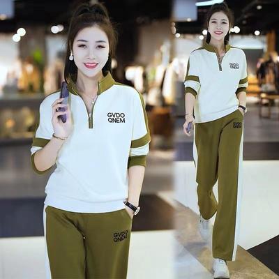 Spring and Autumn Women's Thin Korean Version Loose Stand-up Collar Color-blocked Wide-leg Pants Sportswear Casual Suit Two-piece Set