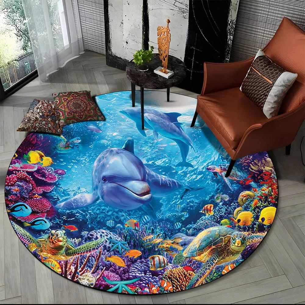 Underwater World Seabed Fish Dolphin Cartoon Round Carpet Rug for Living Room Bedroom Kids Decor,Pet Area Rug Non-slip Floor Mat
