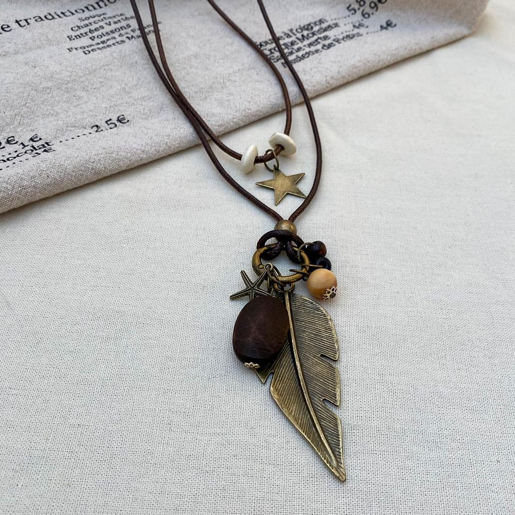 Bohemian Leaf & Turquoise Jewelry Set, Vintage Wood & Metal Necklace, Earrings & Ring for Women