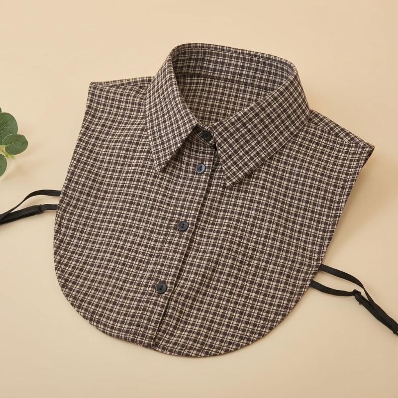 Check Pattern Detachable Faux Collar Shirt Collar Insert for Sweatshirt Layering with Pointed Collar and Front Style