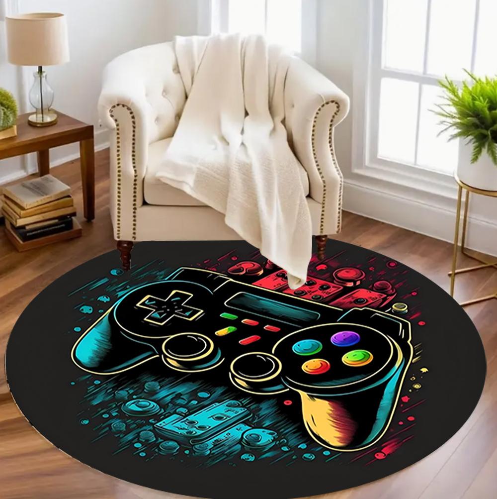 Cyber Game Controller Round Rug Neon Game Console Pattern Carpet Soft Non-Slip Circle Mat for Living Room Bedroom