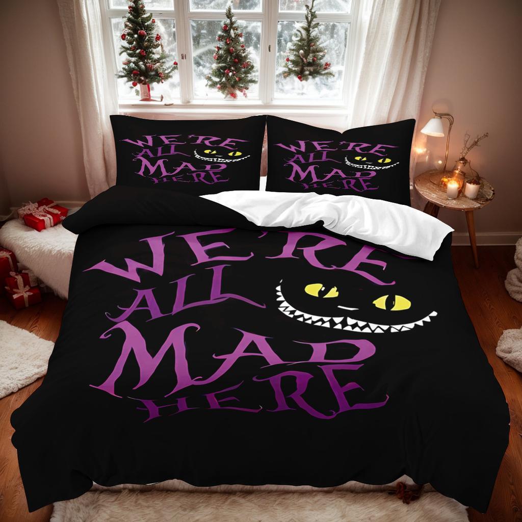 Alice In Wonderland Cheshire Cat Bedding Set Kawaii Pink Purple Duvet Cover With Pillowcases Anime Quilt Cover Bedroom Decor