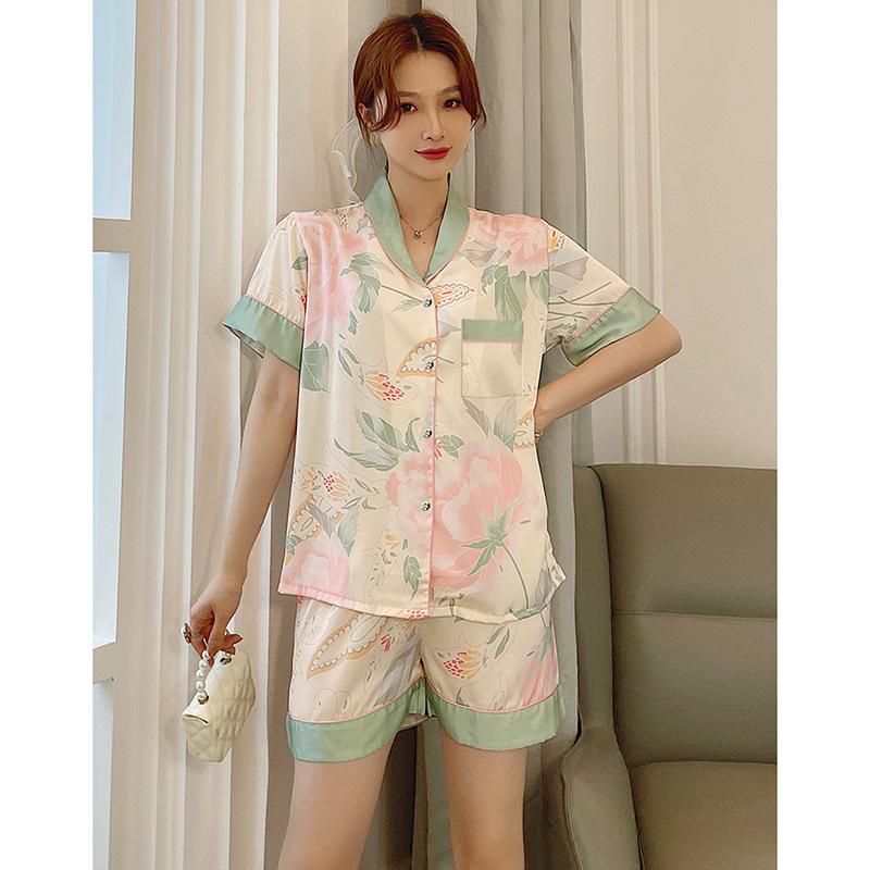 Casual Short-Sleeved Trousers Pajamas Women'S Summer Palace Style Thin Imitation Silk Loungewear