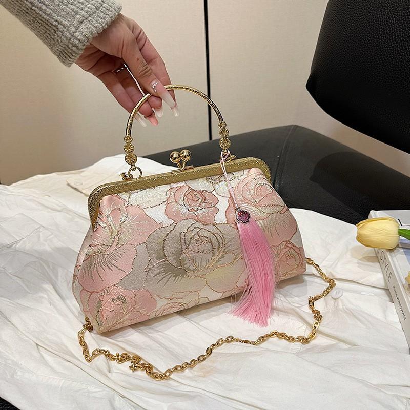 National Style Bag Female Jacquard Fabric Celebrity Clip Niche Evening Wear Handbag Chain Cross-body