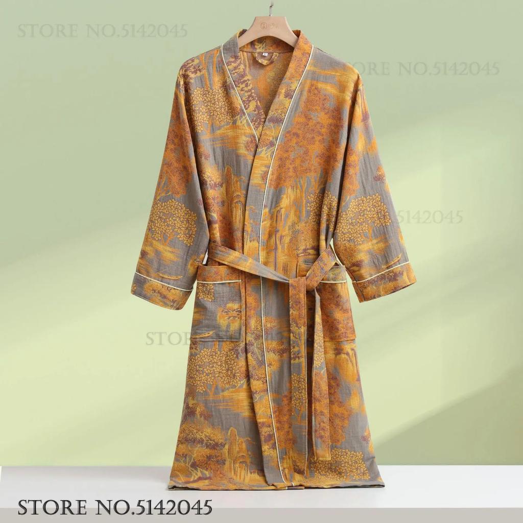 Print Flower Cotton Gauze Kimono Bathrobe Gown Female Robe Negligee Loose Home Dressing Gown Sleepwear Spring Summer Nightwear