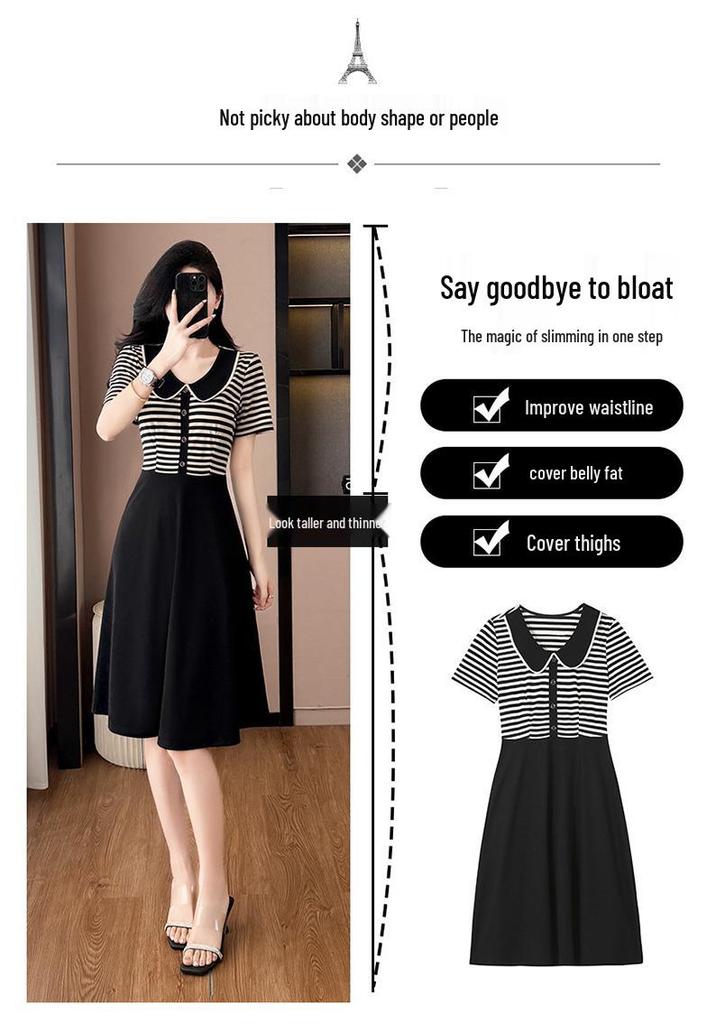 Plus Size Striped Patchwork Faux Two-Piece Slimming Short-Sleeve Summer Dress - Chic & Fashionable New Arrival