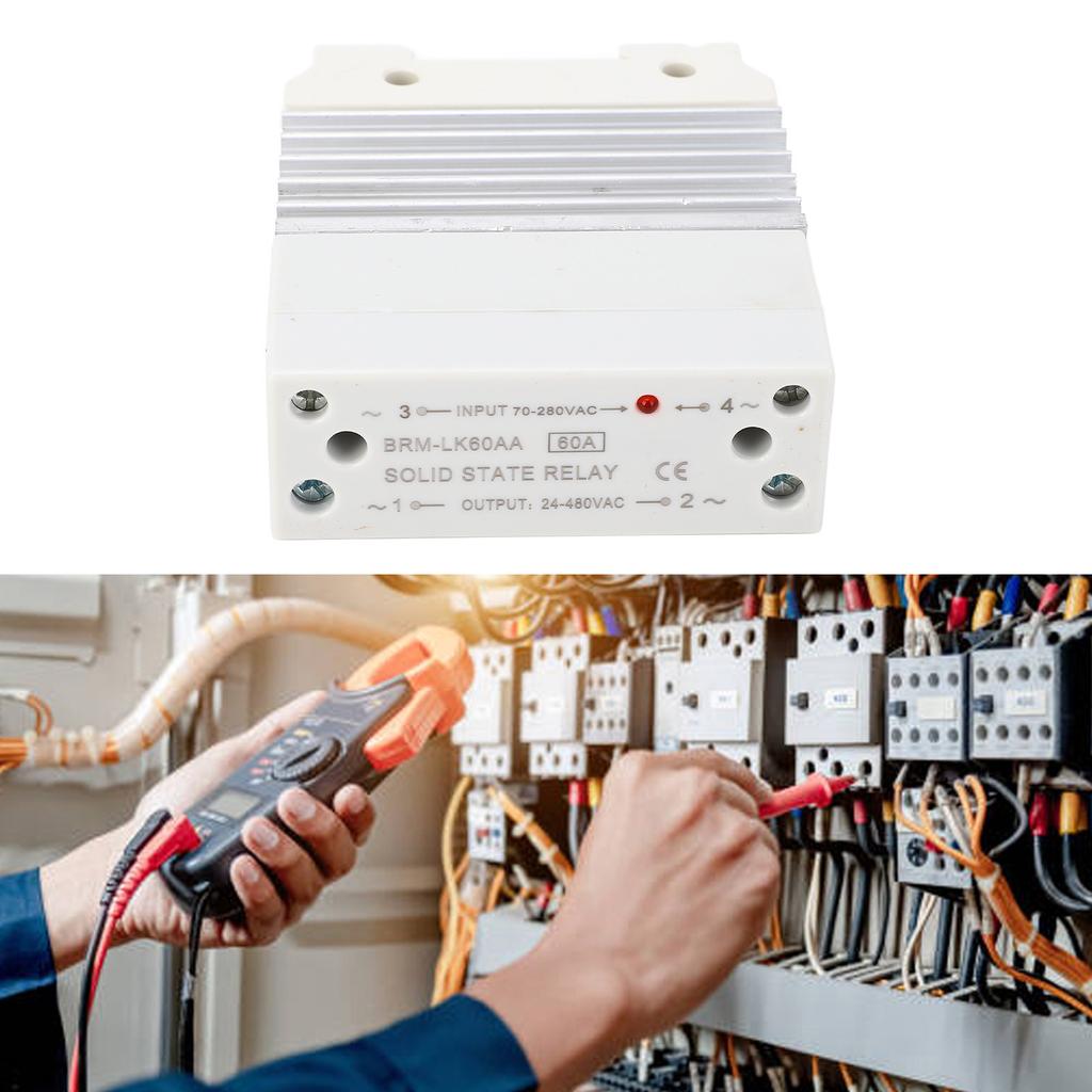 Single Phase SSR Module, 60A   State Relay, 70-280V AC to 24-480V AC, with Heat Sink for Standard 35mm Rail Mounting Design, Moisture Resistance