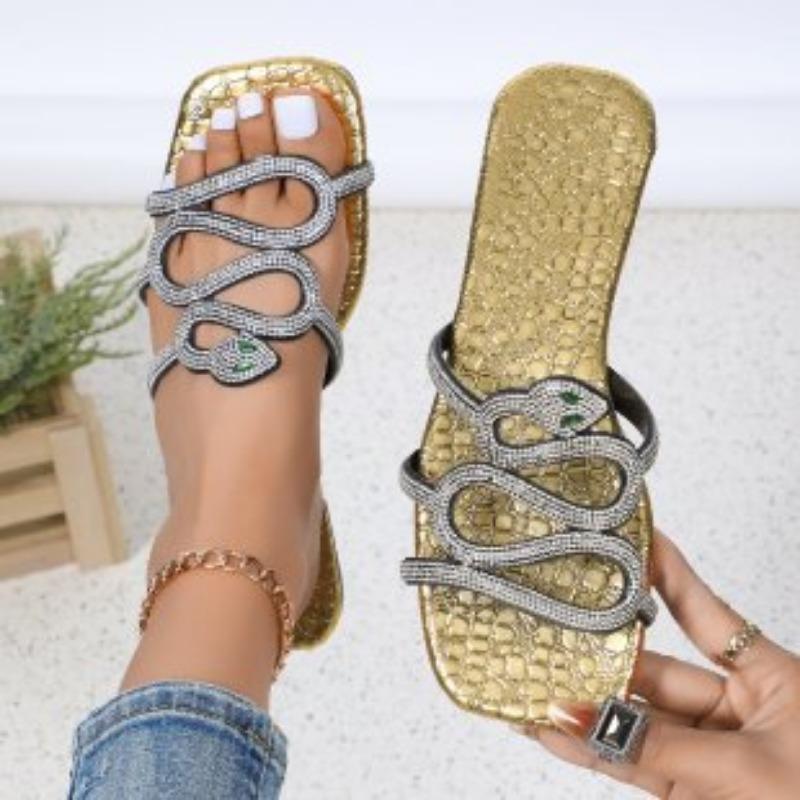 Ladies Slippers New Large Size 44 Summer Mini Snake Rhinestone Slide Flat Bottom Slippers Women