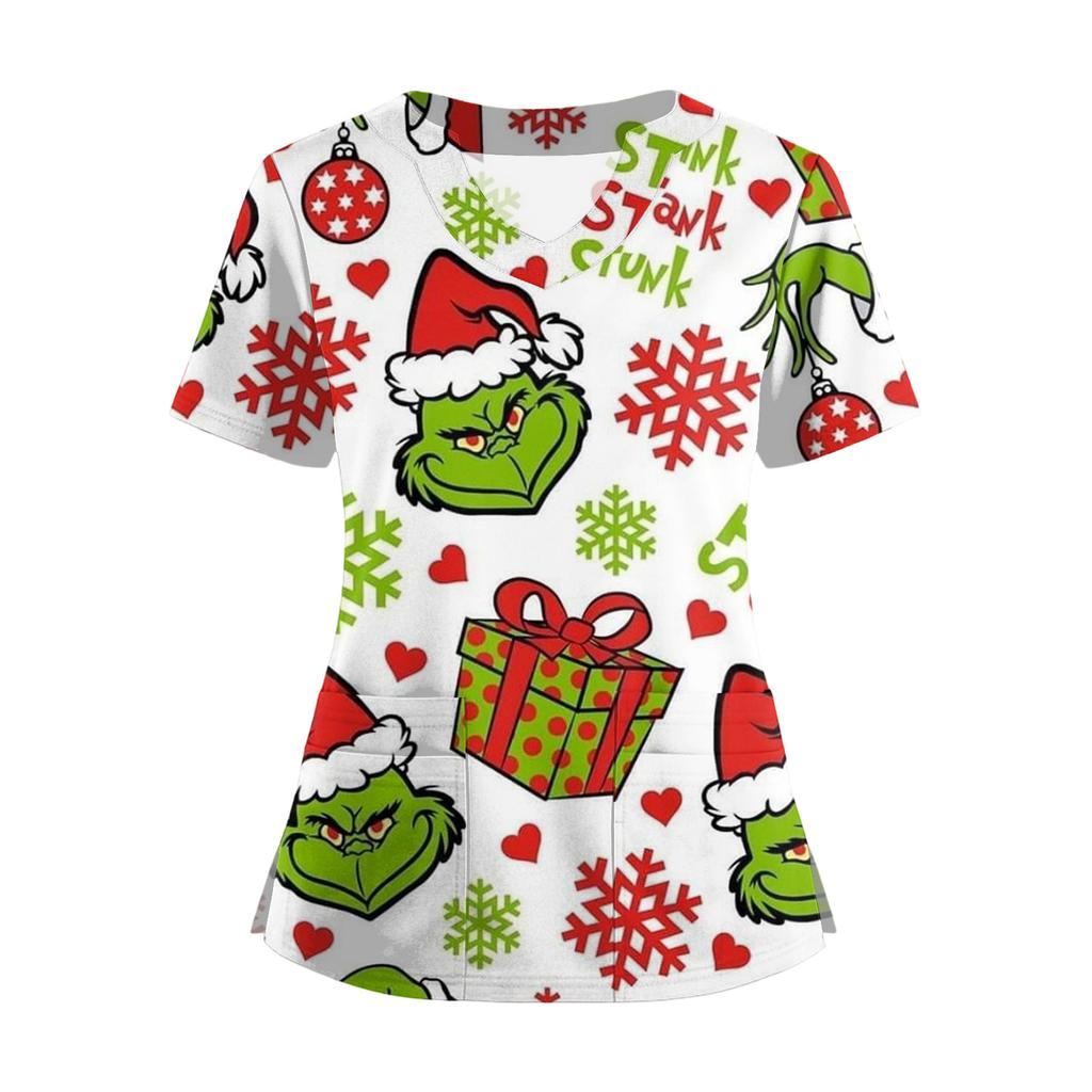 Women's Short Sleeved Christmas Printed V-neck Buttonable Side Slit Top T-shirt