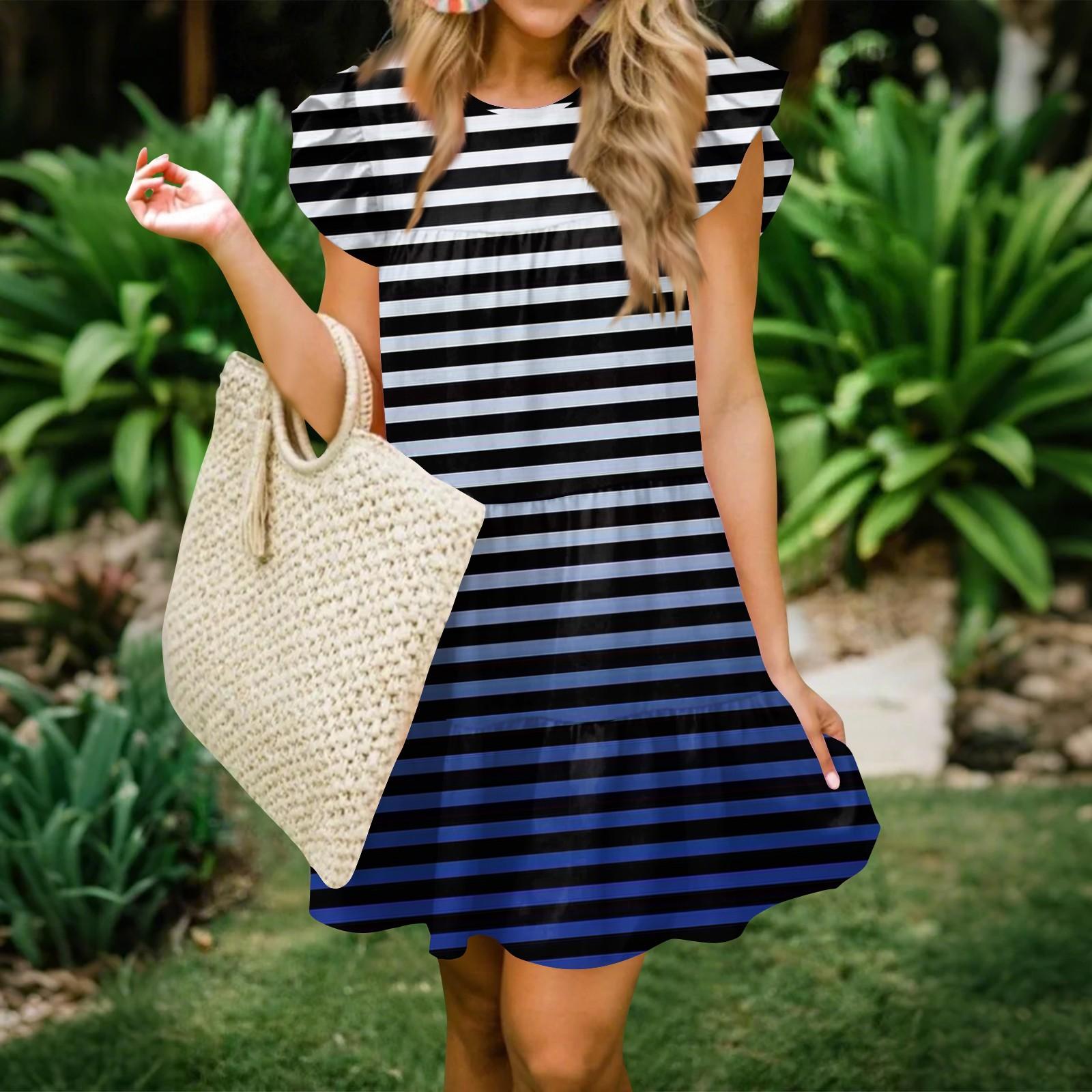 

Женская мода лето повседневный О-образный вырез рукав оборки без рукавов струящаяся короткая туника платье XXL