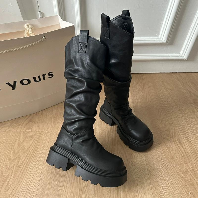 

Thick-soled knight boots women s spring new retro pleated medium tube stacking boots slim western boots 35 чёрный