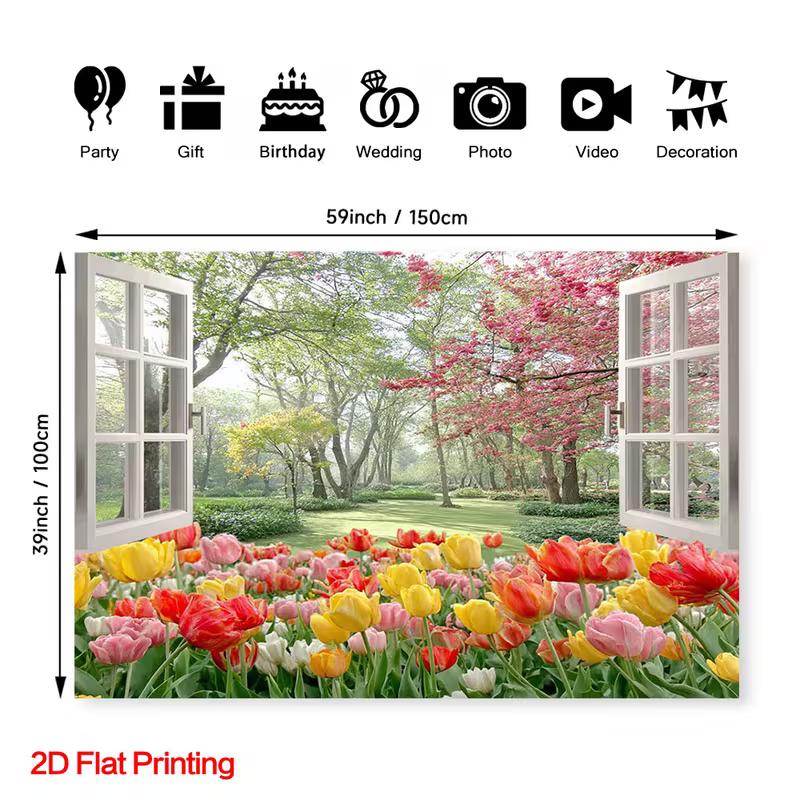 2D Spring Tulip Forest Wall Art Sticker Window View Home Background Cloth
