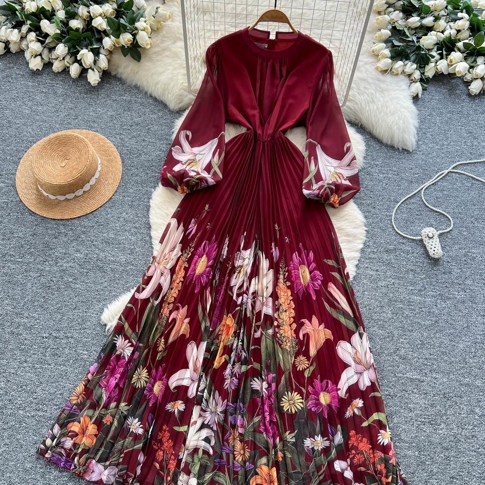 Hochwertiges bedrucktes Kleid für Damen Frühling Herbst A Schlank machende Taille und elegantes plissiertes langes Damenkleid