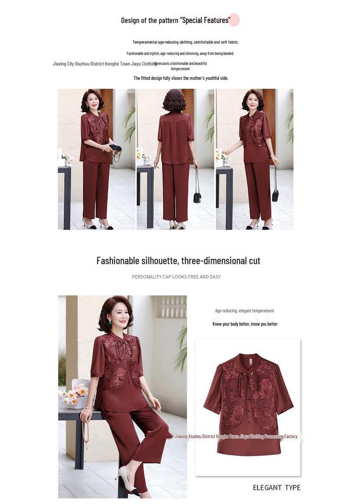 Mom's Summer Chic Mid-Sleeve Two-Piece Set: Stylish Chinese-Inspired Top for Middle-Aged and Elderly Women