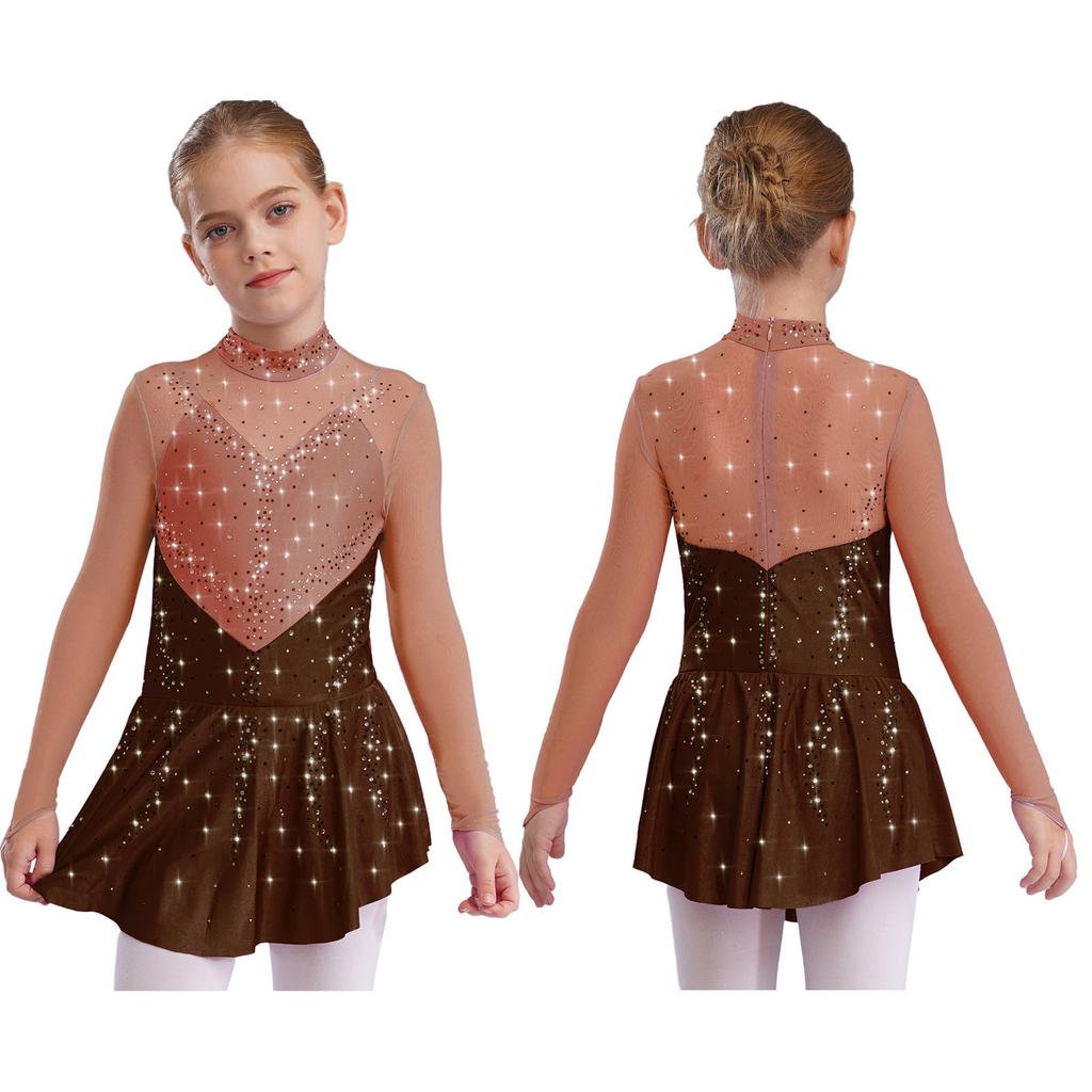 Jenter Skøytekjoler Dansedrakter Mock Neck Langermet Fargeblokk Gjennomsiktig Mesh Patchwork Skinnende Rhinestones Kjole