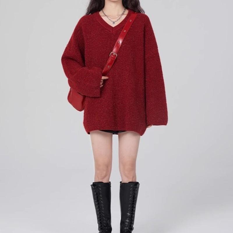 Red V-neck sweater Spring and Autumn new lazy and loose fitting pullover women knitted jacket top