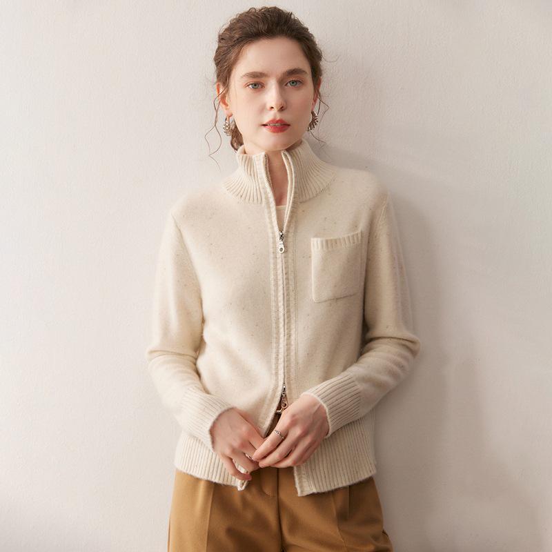 2025 A/W Women's Cashmere Stand Collar Cardigan, Golden Bean Yarn, Double Zipper, Thick Knit with Pockets.