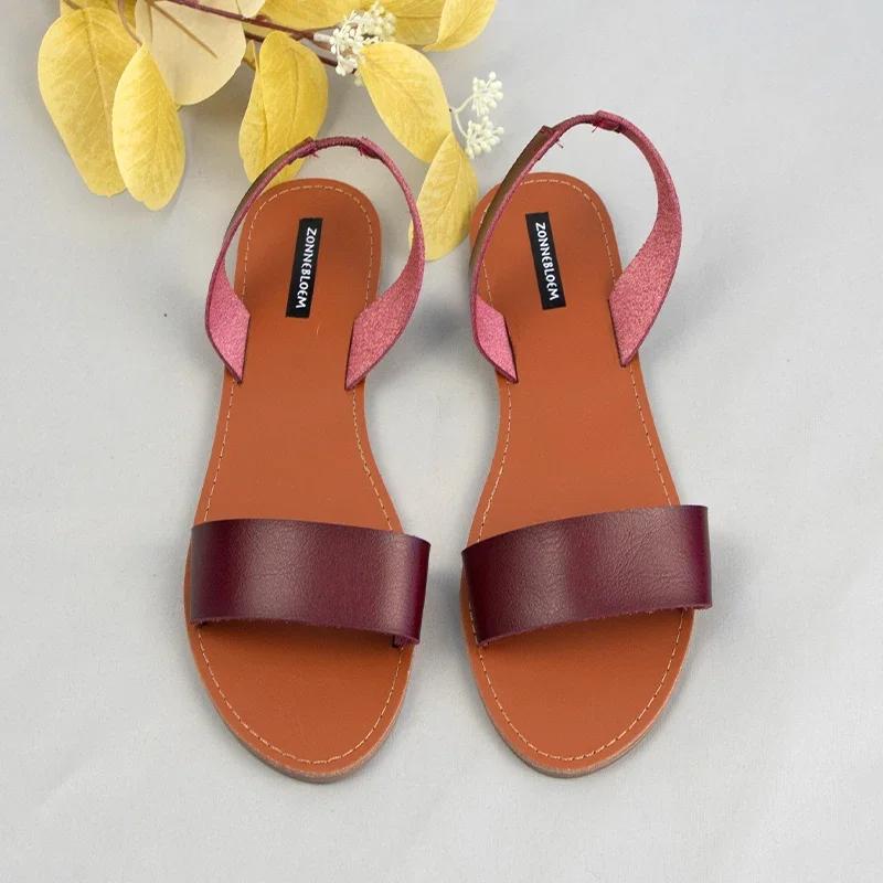 

Fashion Sandals Women for 2025 Summer Beach Shoes High Quality Leather Woman Flat Style Back Strap Brand Ladies Shallow Footwear 41 красный