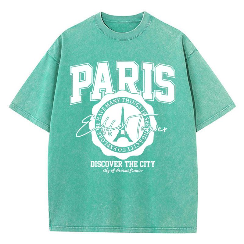 Casual Woman Acid Wash T-Shirts Paris Discover The City Prints Tees Distressed Oversize Cotton Short Sleeve Clothes