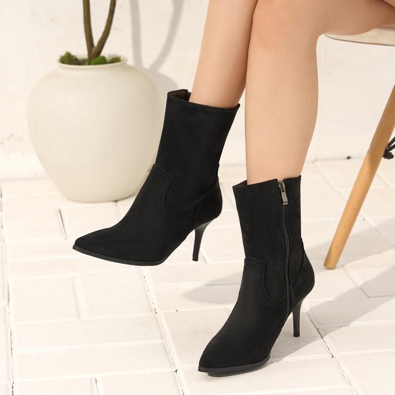 Womens Winter Pointed Toe Mid-Calf Fashion Boots With Side Zipper High Heel Size 40-43