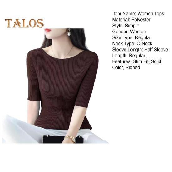 Women Tops Slim Fit Solid Color Ribbed T-Shirt Round Neck Half Sleeve Elastic Pullover Tops Daily Wear