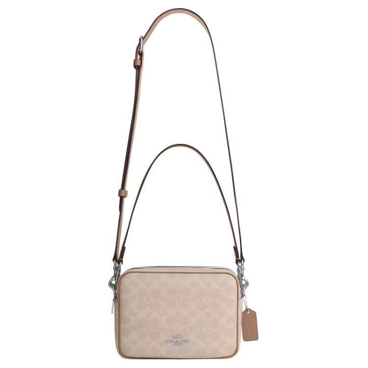 Coach Carey 21 Classic Logo Double Zipper Crossbody Bag With Detachable Shoulder Strap Women Shoulder Bag Sand-Yellow Gray-Brown CEK66-SVPWH