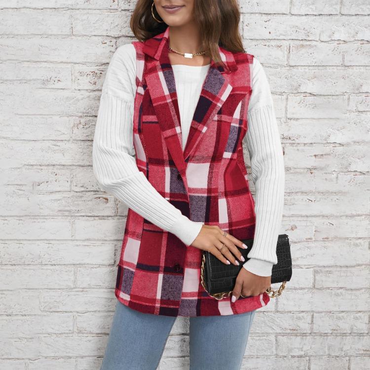 Women Checked Vest Sleeveless Single Breasted Cardigan Turn Down Collar Sizes S-XL Spring Autumn