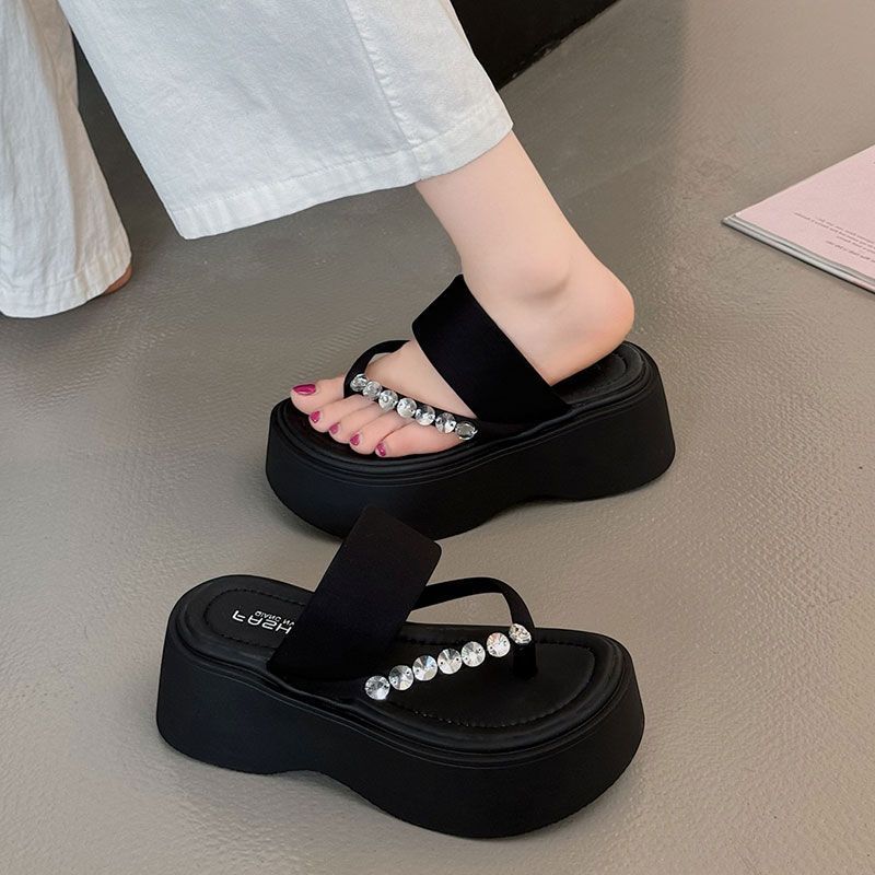 Muffin thick-soled rhinestone beach shoes summer wear small fragrant sandals flip-flops women