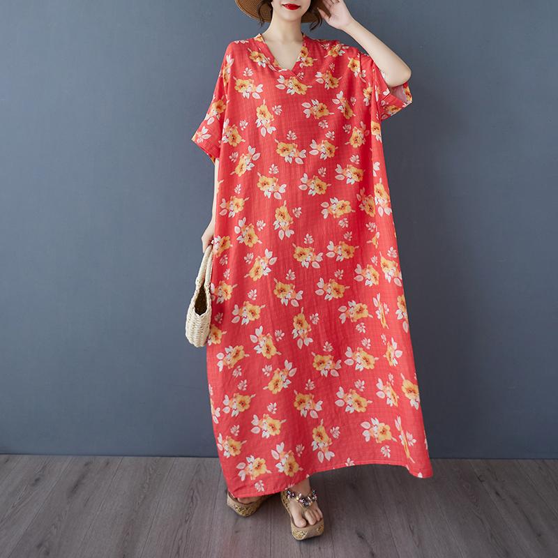 Dimanaf 2025 Plus Size Summer Women Floral Printing Long Dress Short Sleeve Vintage Casual Linen V-Neck Basic Loose Dress