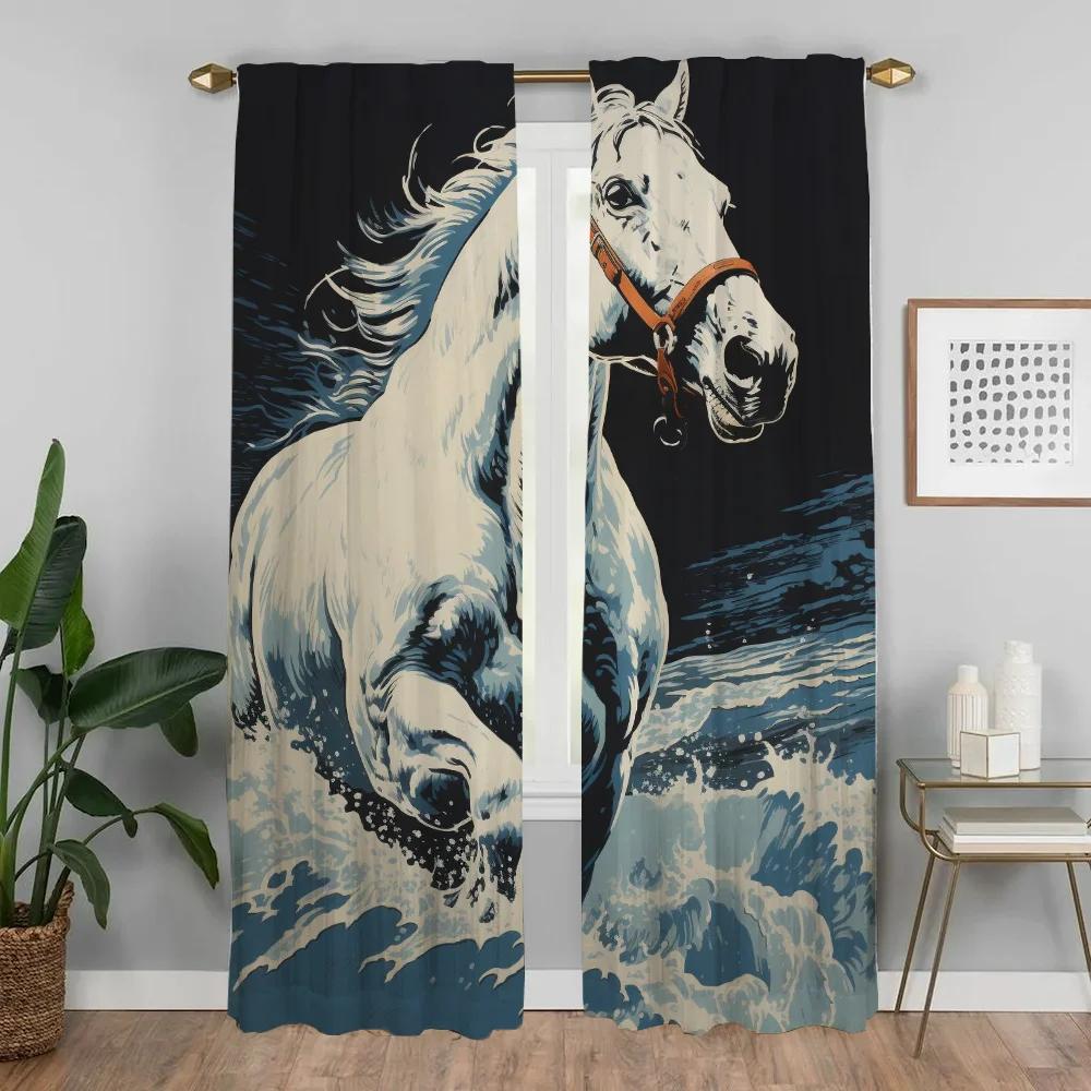 Horse Curtains for Living Room Curtain Partition Halloween Decoration Home Interior Curtains 2 Pieces Tulle for Bedroom Shades