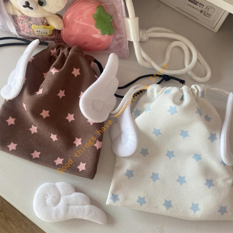 Drawstring Cosmetic Decorative Star And Wing Pattern Pocket Canvas Dustproof for Travel Essential 55KF