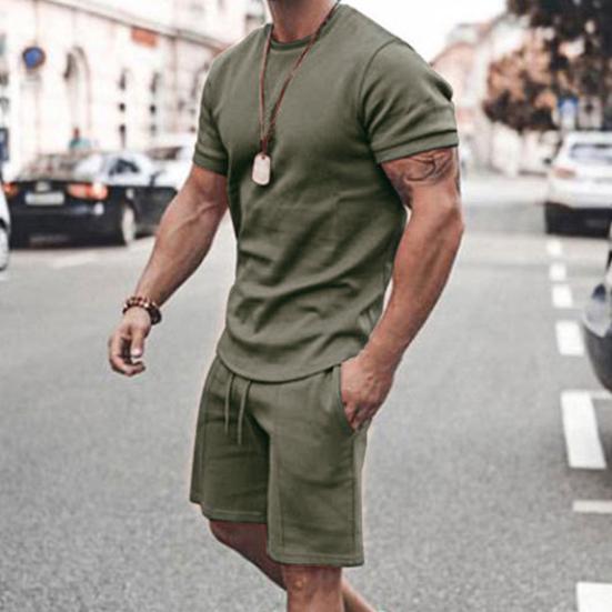 MAITA Tracksuit Pure Color Drawstring Men Loose Short-sleeved T-shirt Pocket Shorts Clothing Fitness