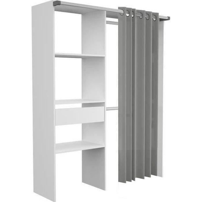 ARTIC Dressing Room with Curtain - White - 1 Column + 2 Wardrobes + 1 Drawer - EKIPA